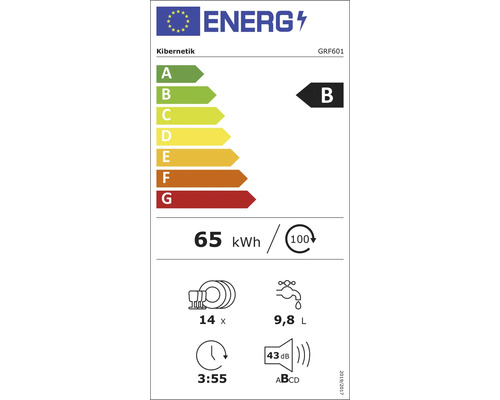 Étiquette énergie lave-vaisselle Kibernetik GRF601. Classe B. 65 kilowatt-heures par 100 cycles. 14 couverts. 9,8 litres d'eau. 43 décibels.