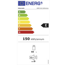 EU-Energielabel für Kibernetik KB50 Kühl-Gefrierbox: Energieeffizienzklasse E, 150 Kilowattstunden pro Jahr, 50 Liter Nutzinhalt, 43 Dezibel.