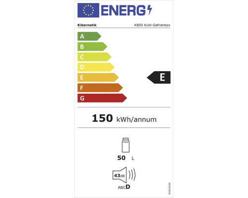 EU-Energielabel für Kibernetik KB50 Kühl-Gefrierbox: Energieeffizienzklasse E, 150 Kilowattstunden pro Jahr, 50 Liter Nutzinhalt, 43 Dezibel.