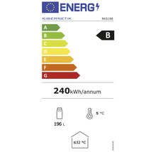 Kibernetik Logo. Energielabel: Energieeffizienzklasse B, 240 Kilowattstunden pro Jahr, 196 Liter, 5 Grad Celsius, maximal 32 Grad Celsius.