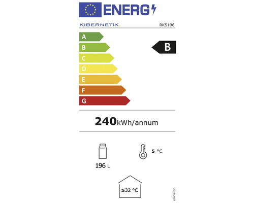 Kibernetik Logo. Energielabel: Energieeffizienzklasse B, 240 Kilowattstunden pro Jahr, 196 Liter, 5 Grad Celsius, maximal 32 Grad Celsius.