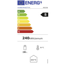 Energielabel der Europäischen Union für Kibernetik RKS196. Kibernetik Logo. Klasse B, 240 Kilowattstunden pro Jahr, 196 Liter Rauminhalt.