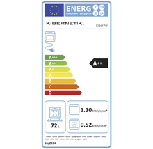 Étiquette énergie UE pour four Kibernetik EBO701, classe A plus plus, volume 72 litres, consommation 1,10 et 0,52 kilowatt-heure par cycle.