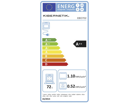 Étiquette énergie UE pour four Kibernetik EBO702, classe d efficacité énergétique A plus plus, 72 litres, 1.10 kilowattheures par cycle.