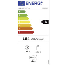 EU-Energielabel Kibernetik EKGS-351R: Energieeffizienzklasse D, 184 Kilowattstunden pro Jahr, 74 Liter Gefrierfach, 193 Liter Kühlfach, 35 Dezibel.