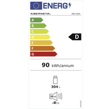 Energielabel der Europäischen Union für Kibernetik EKS-402L. Energieeffizienzklasse D, 90 Kilowattstunden pro Jahr, 304 Liter, 35 Dezibel.