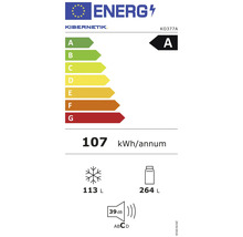 Energielabel Kibernetik KO377A, Klasse A, 107 Kilowattstunden pro Jahr, 264 Liter Kühlraum, 113 Liter Gefrierraum, 39 Dezibel.