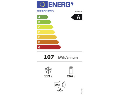 Energielabel Kibernetik KO377A, Klasse A, 107 Kilowattstunden pro Jahr, 264 Liter Kühlraum, 113 Liter Gefrierraum, 39 Dezibel.