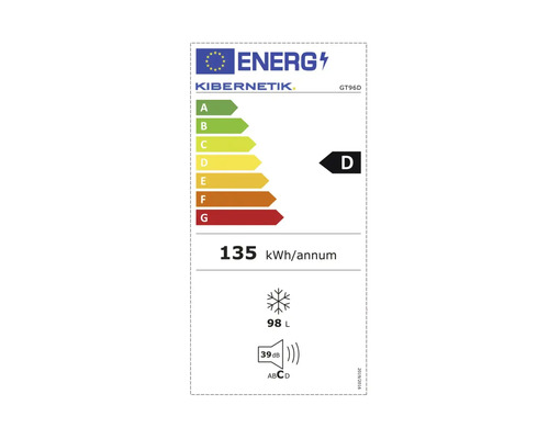 EU-Energielabel für Kibernetik GT96D, Energieeffizienzklasse D, 135 kWh pro Jahr, 98 Liter Gefrierkapazität, 39 Dezibel.