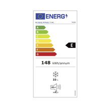 Energieetikett Kibernetik TK50, Energieklasse E, 148 Kilowattstunden pro Jahr, Inhalt 33 Liter, Geräuschemission 40 Dezibel, Klasse C.