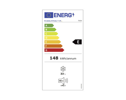 Energieetikett Kibernetik TK50, Energieklasse E, 148 Kilowattstunden pro Jahr, Inhalt 33 Liter, Geräuschemission 40 Dezibel, Klasse C.