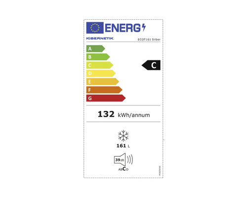 Energielabel für Kibernetik ECOT161 Silber, Energieeffizienzklasse C, 132 Kilowattstunden pro Jahr, 161 Liter Gefrierkapazität, 39 Dezibel.