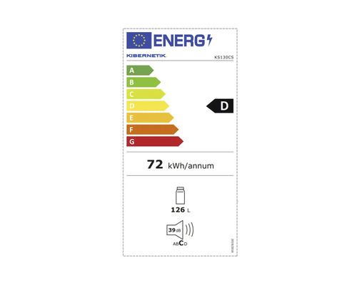 EU-Energielabel für Kibernetik Kühlschrank KS130CS, Energieeffizienzklasse D, 72 Kilowattstunden pro Jahr, 126 Liter, 39 Dezibel.