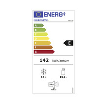 Kibernetik Logo, EB120 Energielabel, Klasse E, 142 Kilowattstunden pro Jahr, 14 Liter Gefrierfach, 104 Liter Kühlfach, 39 Dezibel.