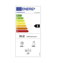 Energielabel Kibernetik FCCD505NF, Energieeffizienzklasse E, 312 Kilowattstunden pro Jahr, 156 Liter Gefrierfach, 349 Liter Kühlfach, 39 Dezibel.