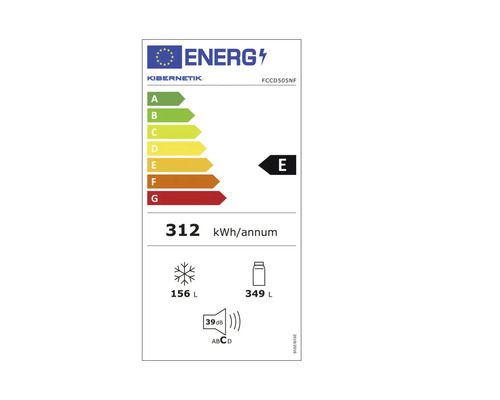 Energielabel Kibernetik FCCD505NF, Energieeffizienzklasse E, 312 Kilowattstunden pro Jahr, 156 Liter Gefrierfach, 349 Liter Kühlfach, 39 Dezibel.