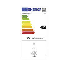 Europäische Union Energielabel für Kibernetik WK36, Energieeffizienzklasse E, 75 Kilowattstunden pro Jahr, 33 Liter Inhalt, 37 Dezibel.