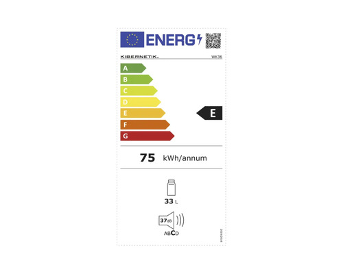 Europäische Union Energielabel für Kibernetik WK36, Energieeffizienzklasse E, 75 Kilowattstunden pro Jahr, 33 Liter Inhalt, 37 Dezibel.