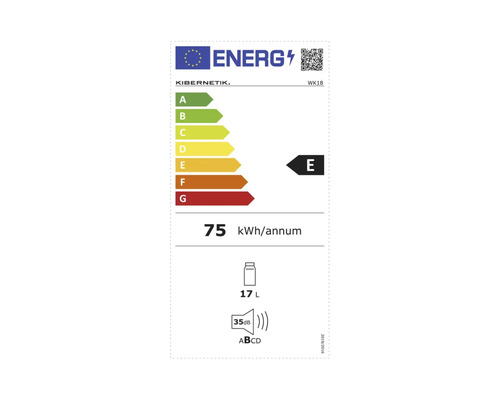 EU-Energielabel Kibernetik WK18: Energieeffizienzklasse E, 75 Kilowattstunden pro Jahr, 17 Liter Inhalt, 35 Dezibel.