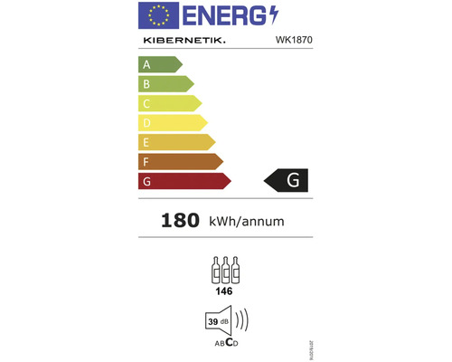 EU-Energielabel Kibernetik WK1870: Energieeffizienzklasse G, 180 kWh pro Jahr, Kapazität 146 Flaschen, Geräuschemission 39 Dezibel Klasse C.