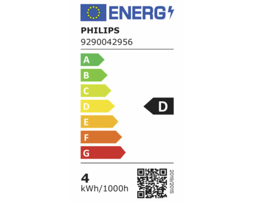 Étiquette énergie européenne pour Philips 9290042956, classe d'efficacité énergétique D, consommation de 4 kilowattheures pour 1000 heures.