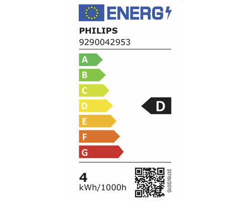 Label énergétique européen de classe D pour Philips 9290042953, consommation d'énergie 4 kilowattheures pour 1000 heures.