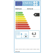 Europäisches Energielabel für Kaminofen Fireplace Modell R5732-00, Energieeffizienzklasse A plus, Wärmeleistung 6,2 Kilowatt.
