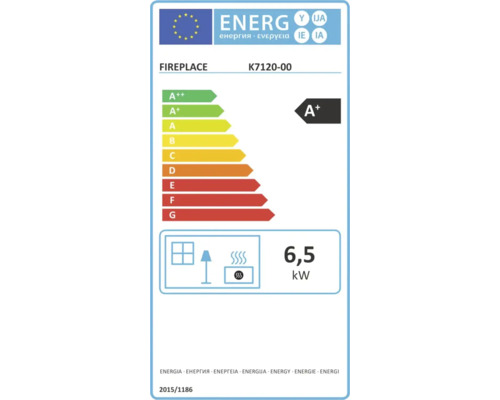 Étiquette énergie UE pour cheminée K7120-00, classe d'efficacité énergétique A plus, puissance thermique 6,5 Kilowatt.