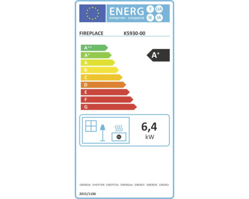 EU-Energielabel für Kaminofen Modell K5930-00, Energieeffizienzklasse A plus, Wärmeleistung 6,4 Kilowatt.