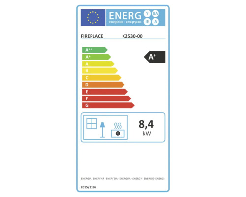 Energieetikett für Kaminofen Fireplace K2530-00, Energieeffizienzklasse A plus, Wärmeleistung 8,4 Kilowatt.