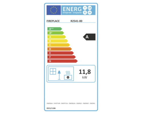 Étiquette énergétique UE pour cheminée modèle R2541-00, classe d'efficacité énergétique A et puissance thermique de 11,8 kilowatts.