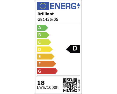 EU Energielabel für Brilliant G81435/05, Energieeffizienzklasse D, Energieverbrauch 18 kWh pro 1000 Stunden.