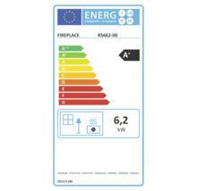 Energieeffizienzlabel für Kamin R5662-00, Klasse A plus, Wärmeleistung 6,2 Kilowatt.