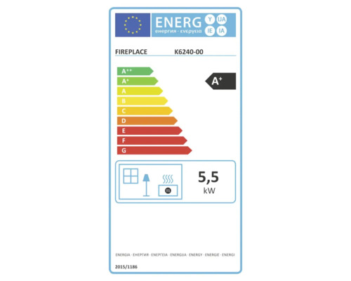 EU-Energielabel für Kaminofen K6240-00 mit Energieeffizienzklasse A plus und einer Wärmeleistung von 5,5 Kilowatt.