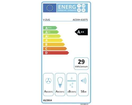 Étiquette énergie UE pour V-ZUG ACE4H-61075 : classe d efficacité énergétique A plus plus, 29 kilowatt-heures par an, 58 décibels.