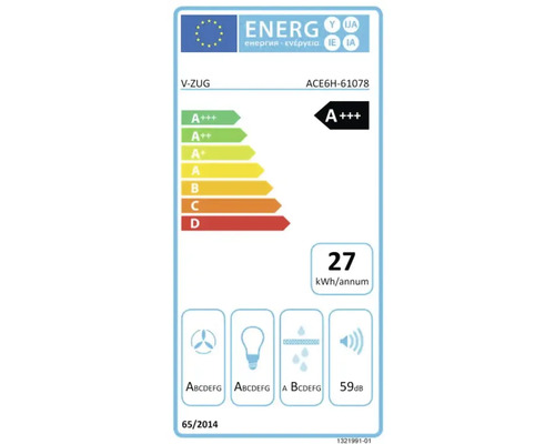 Europäisches Energielabel für V-ZUG ACE6H-61078, Energieeffizienzklasse A plus plus plus, 27 Kilowattstunden pro Jahr, Geräuschpegel 59 Dezibel.