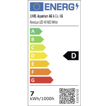 Étiquette énergie UE pour JUWEL Aquarium NovoLux LED 40 NEO White, classe énergétique D, consommation 7 kilowattheures pour 1000 heures.