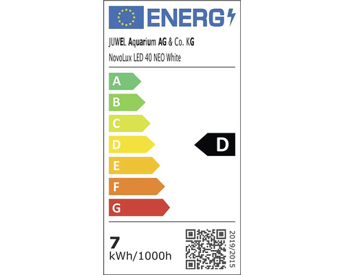 Étiquette énergie UE pour JUWEL Aquarium NovoLux LED 40 NEO White, classe énergétique D, consommation 7 kilowattheures pour 1000 heures.