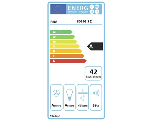 EU Energieeffizienzlabel für PKM 8099GIS Z Dunstabzugshaube mit Energieeffizienzklasse A und 42 Kilowattstunden pro Jahr Energieverbrauch.