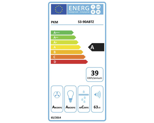 EU Energieeffizienzlabel fuer Dunstabzugshaube PKM S3-90ABTZ mit Energieeffizienzklasse A und 39 Kilowattstunden pro Jahr