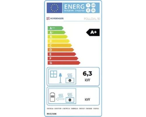 Étiquette énergie UE pour poêle Nordpeis Folldal 10 avec classe d efficacité énergétique A plus et puissance calorifique de 6,3 kilowatts.