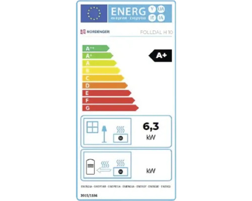 Étiquette énergie UE pour poêle Nordpeis Folldal H 10 avec classe énergétique A plus et puissance thermique de 6,3 kilowatts.