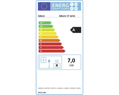 Étiquette énergie UE pour poêle Aduro série 17 avec classe énergétique A et puissance nominale de 7,0 kilowatts.