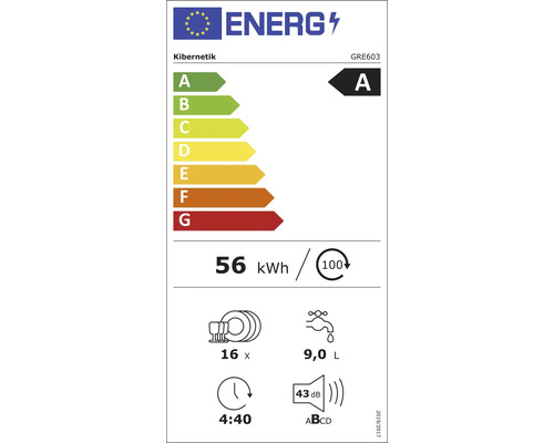 EU Energieeffizienzlabel für Kibernetik Geschirrspüler GRE603 mit Energieeffizienzklasse A.