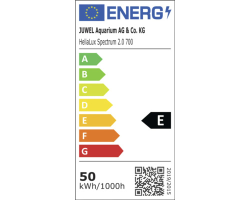 Etiquette energie EU pour eclairage aquarium Juwel HeliaLux Spectrum 2.0 700 avec classe d efficacite E et consommation de 50 kWh pour 1000h.