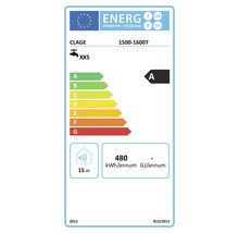 Étiquette énergie pour chauffe-eau instantané Clage 1500-16007 avec classe d efficacité énergétique A et 15 décibels.