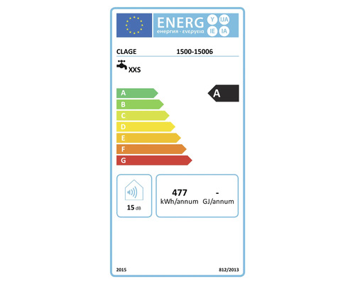 Energieeffizienzlabel für Clage Durchlauferhitzer mit Energieeffizienzklasse A und 15 Dezibel Schalleistungspegel.