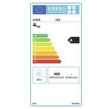 EU Energieeffizienzlabel für Clage CEX Durchlauferhitzer, Klasse A, Energieverbrauch 468 Kilowattstunden pro Jahr und Lautstärke 15 Dezibel.