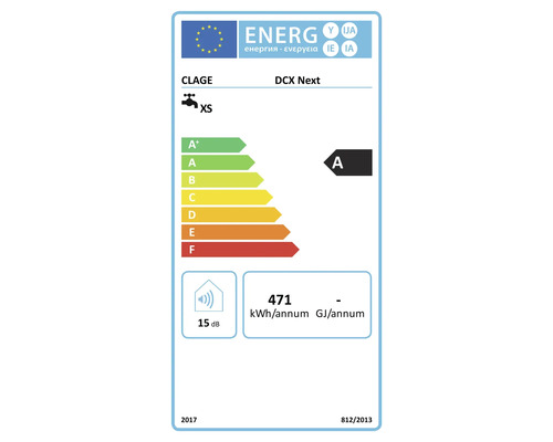 Etiquette energetique UE pour chauffe-eau instantane Clage DCX Next, classe d efficacite energetique A et 15 decibels d emission sonore.