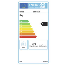 Energieeffizienzlabel für Durchlauferhitzer Clage DEX Next mit Energieeffizienzklasse A und 15 Dezibel Schallemission.